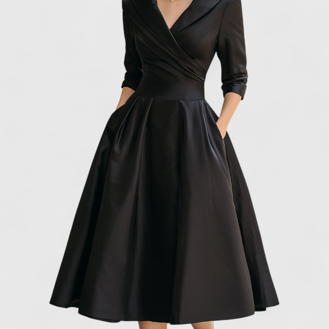 Women’s Elegant Midi Dress with V-Neck and Flared Skirt
