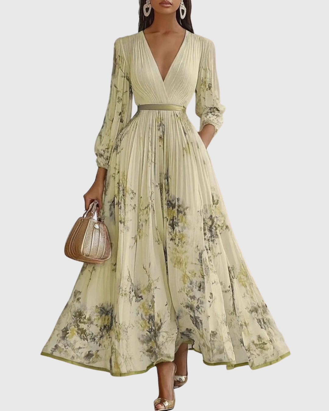 Women’s Pleated Maxi Dress with V-Neck and Tie Waist