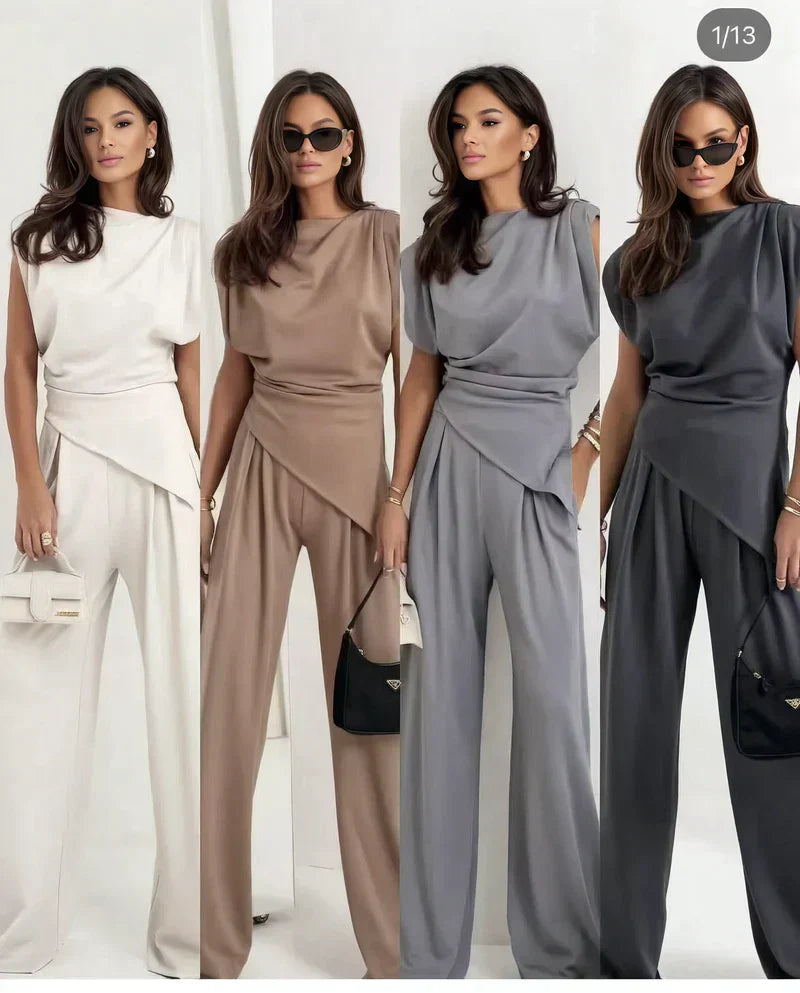 Women’s Elegant Co Ord Set with Draped Top and Wide-Leg Trousers