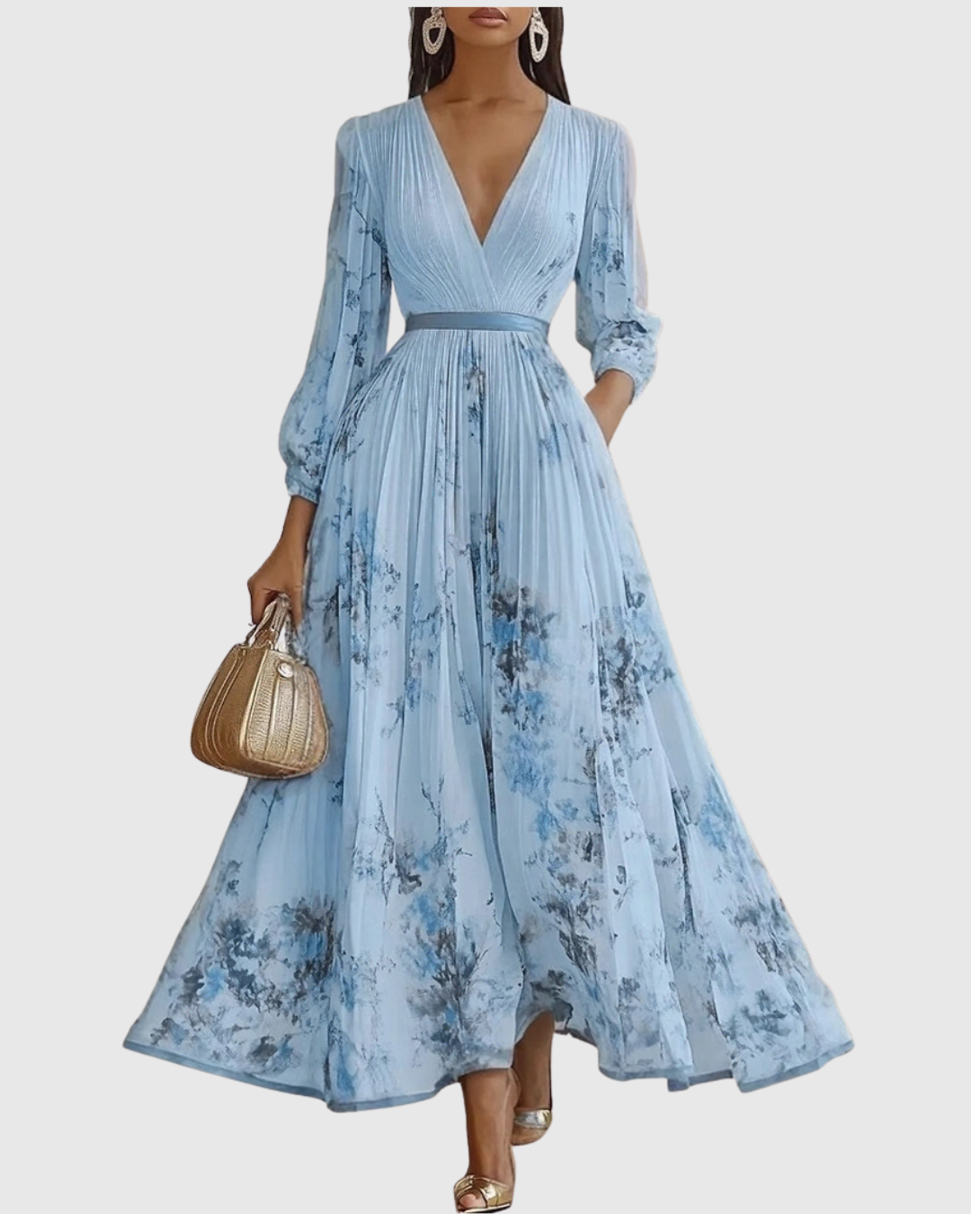 Women’s Pleated Maxi Dress with V-Neck and Tie Waist