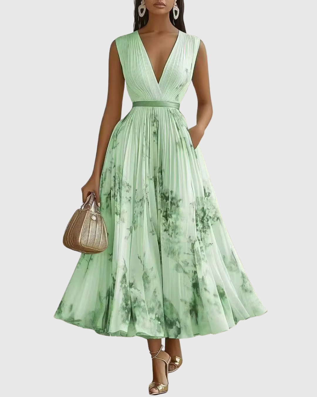 Women’s Pleated Maxi Dress with V-Neck and Tie Waist