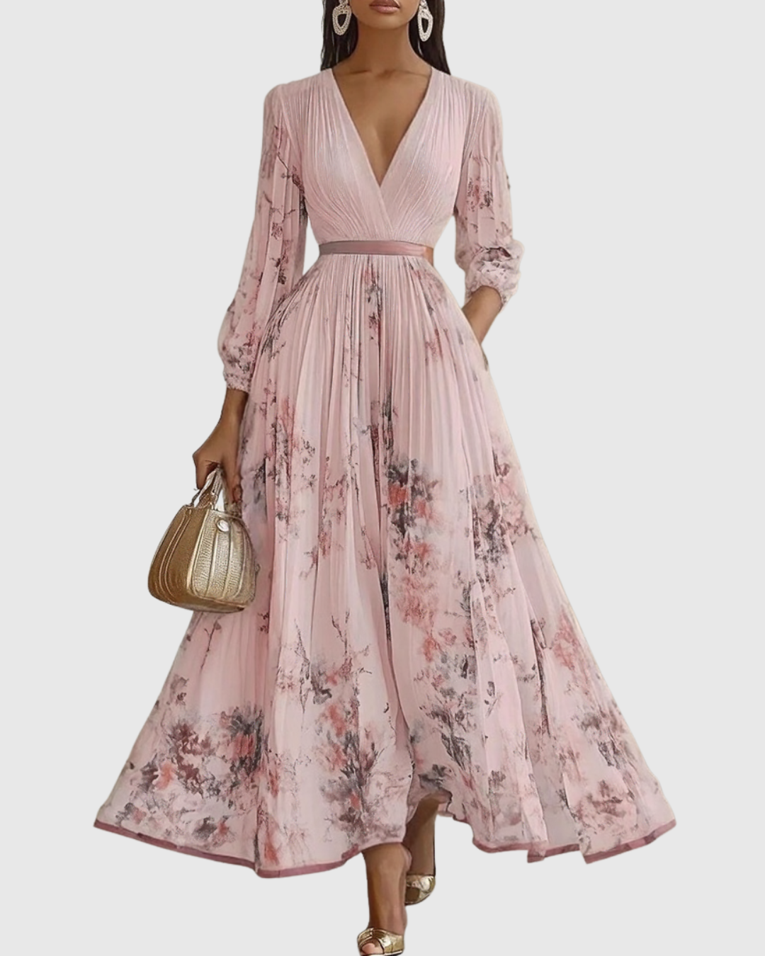 Women’s Pleated Maxi Dress with V-Neck and Tie Waist