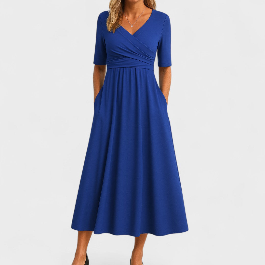 Women’s Midi Dress with Wrap V-Neck and Side Pockets