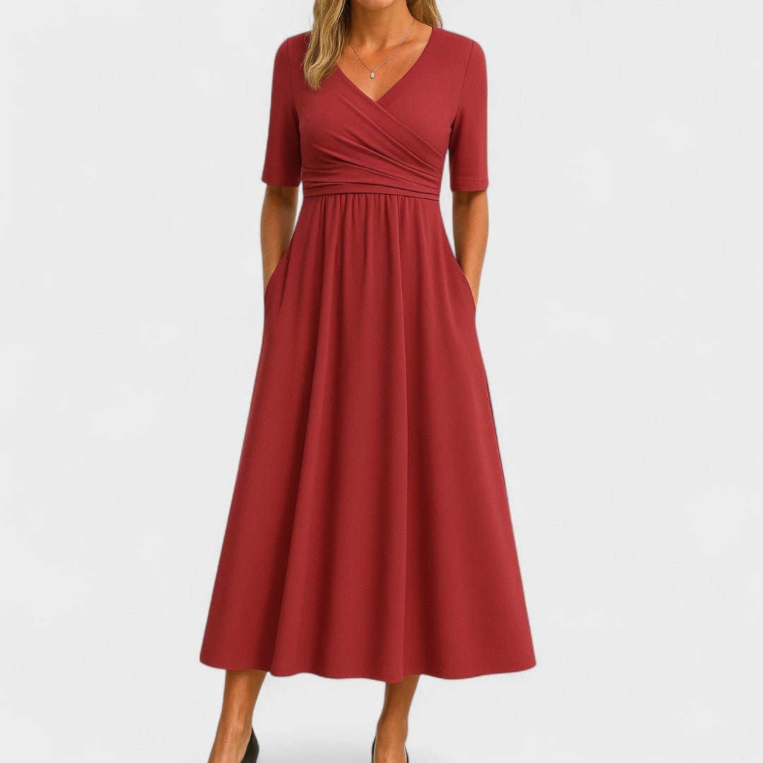 Women’s Midi Dress with Wrap V-Neck and Side Pockets