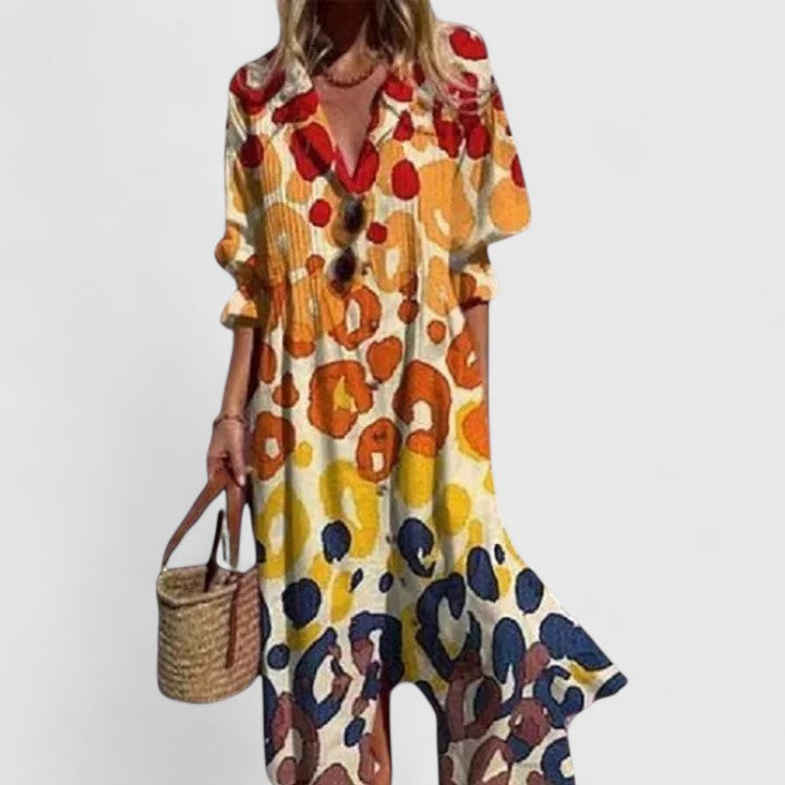 Women’s Boho Midi Dress with Relaxed Fit and Vibrant Print