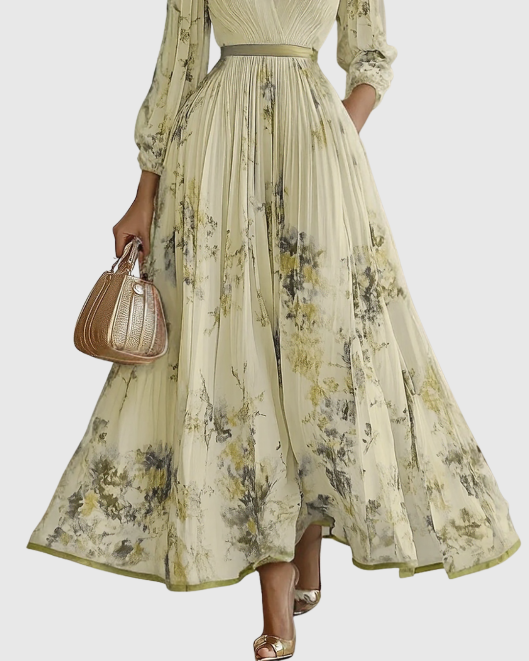 Women’s Pleated Maxi Dress with V-Neck and Tie Waist