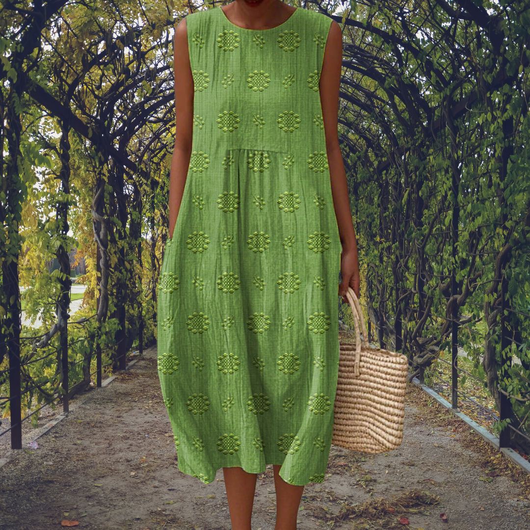 Women’s Sleeveless Summer Midi Dress with Pockets and Embroidered Detail