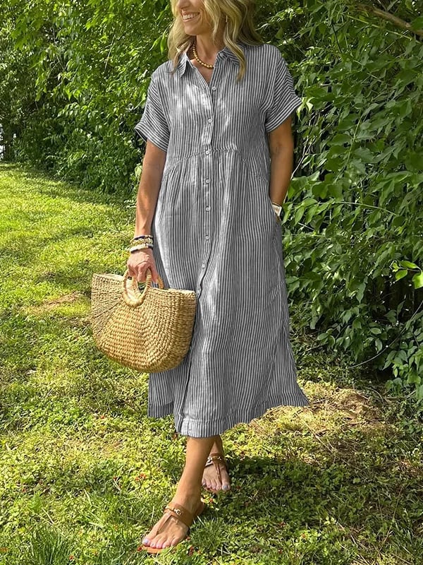 Women’s Striped Summer Midi Shirt Dress with Button-Down Front