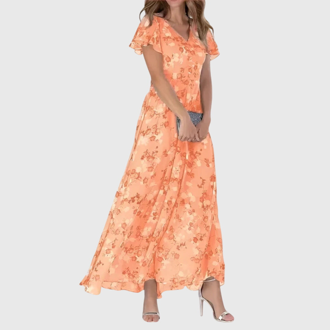 Women’s Floral Maxi Dress with Flutter Sleeves and Flowing Silhouette