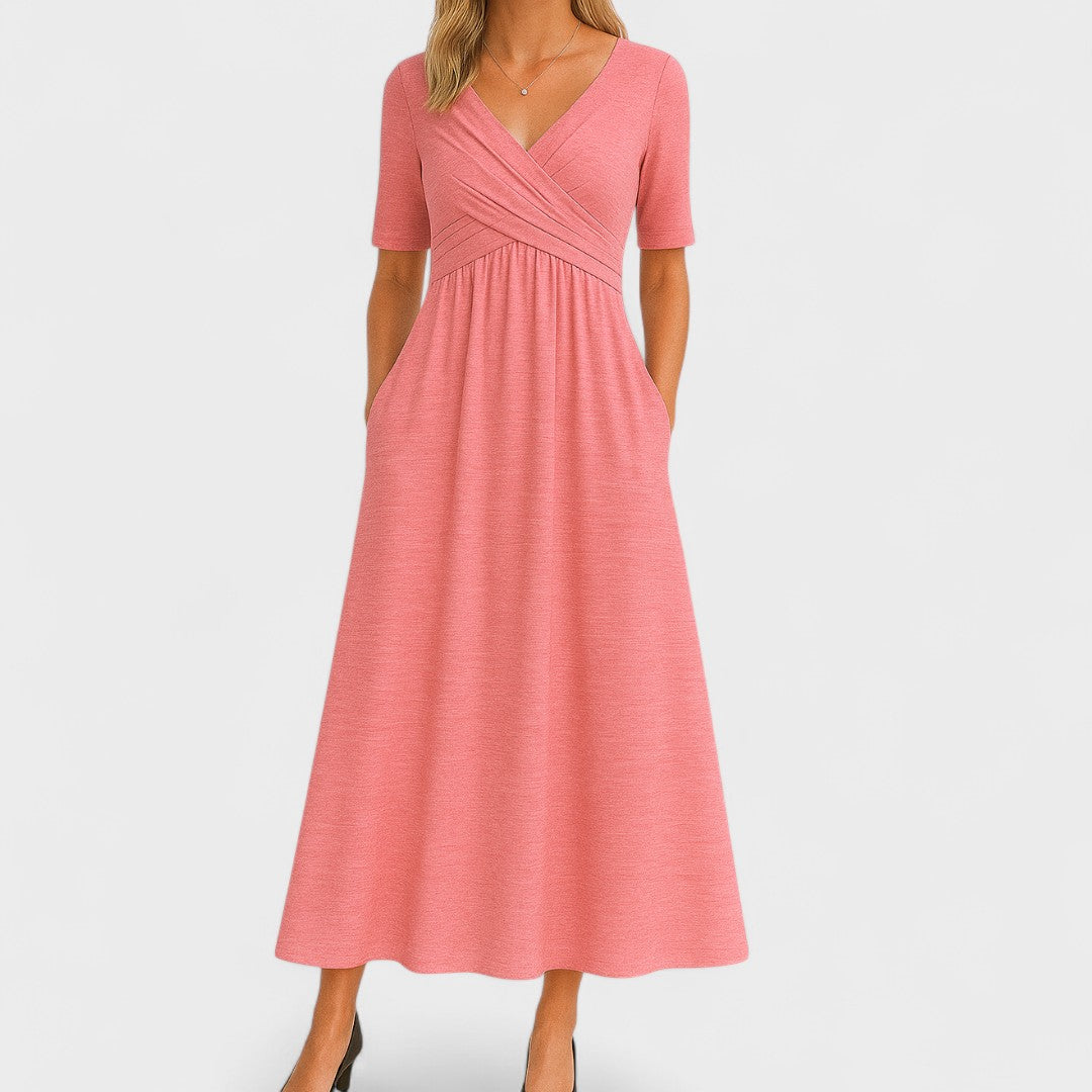 Women’s Midi Dress with Wrap V-Neck and Side Pockets