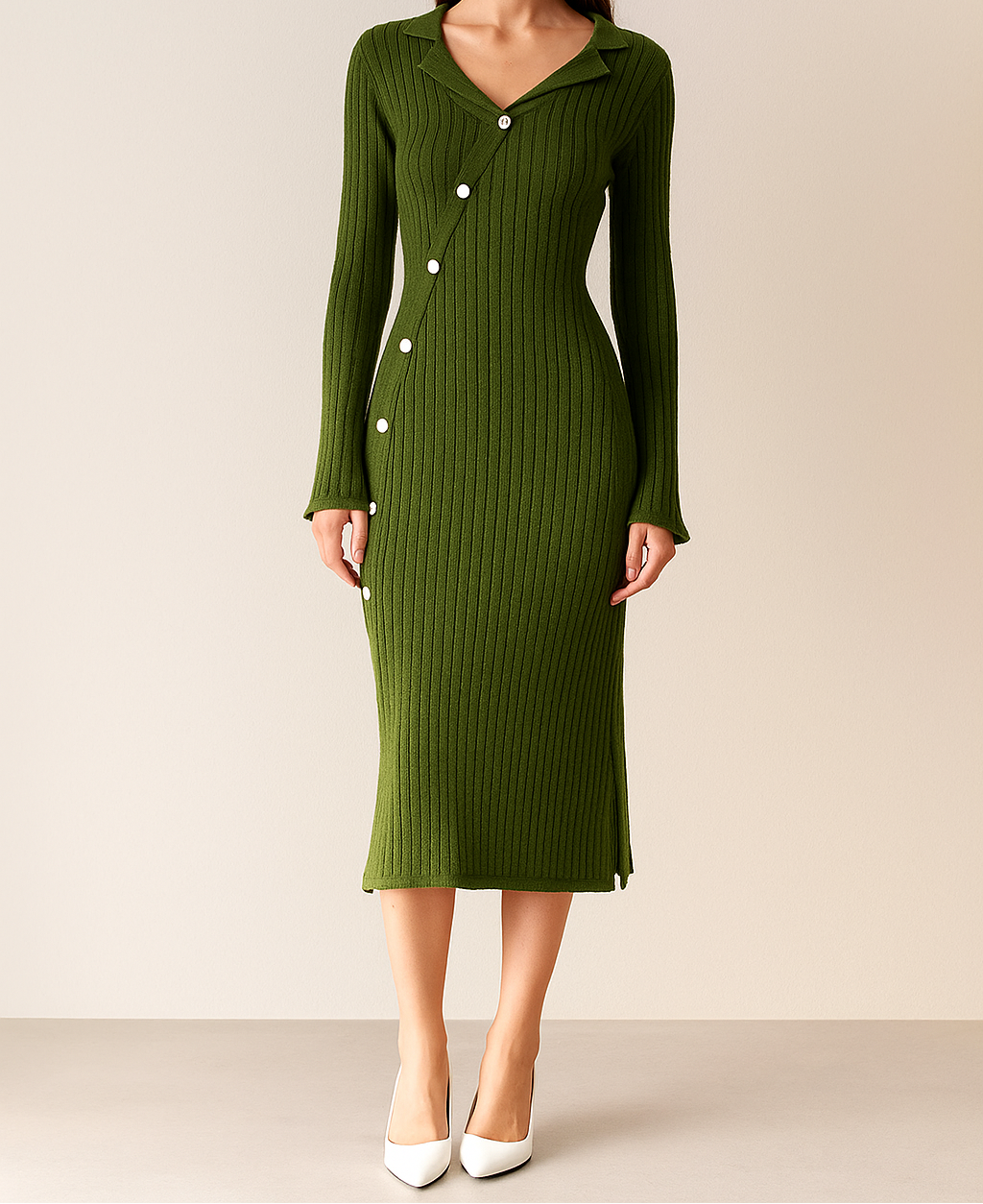 Knit Midi Dress with Asymmetrical Buttons