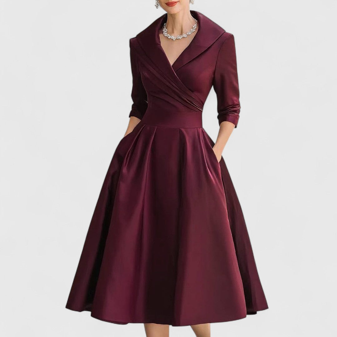 Women’s Elegant Midi Dress with V-Neck and Flared Skirt