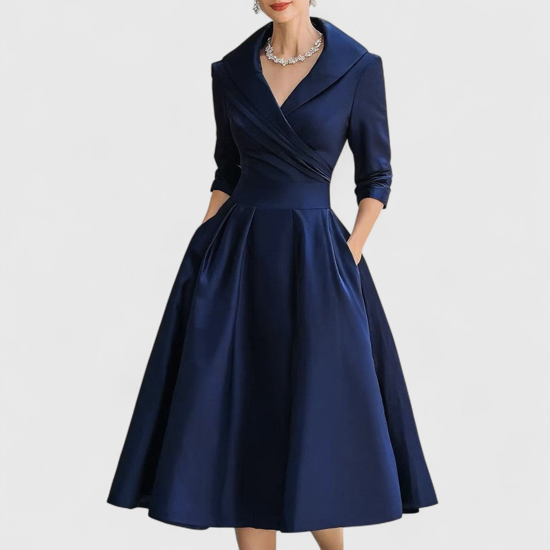 Women’s Elegant Midi Dress with V-Neck and Flared Skirt