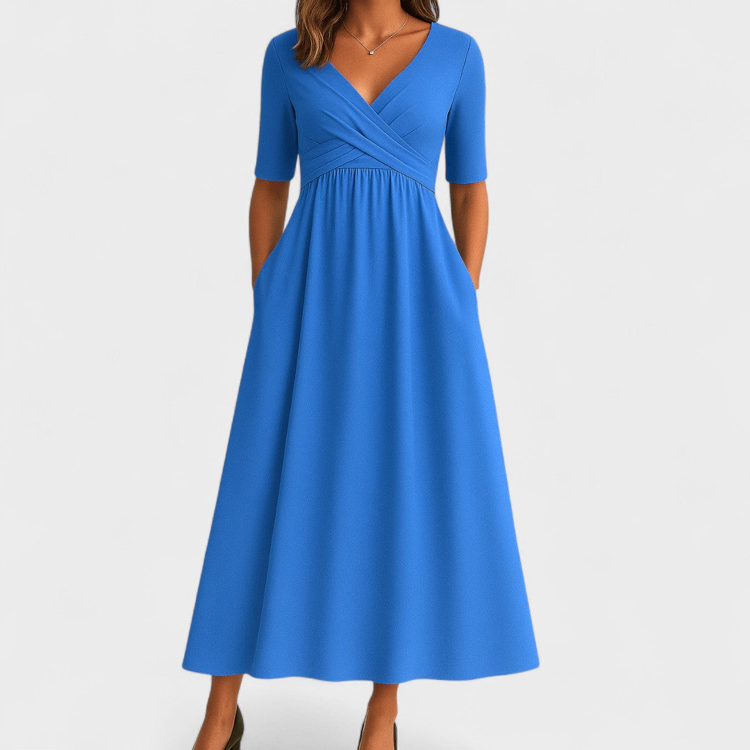 Women’s Midi Dress with Wrap V-Neck and Side Pockets