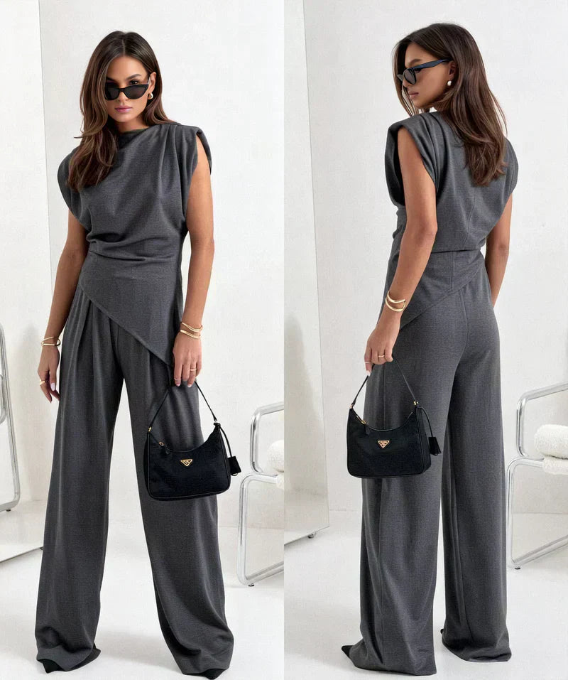 Women’s Elegant Co Ord Set with Draped Top and Wide-Leg Trousers
