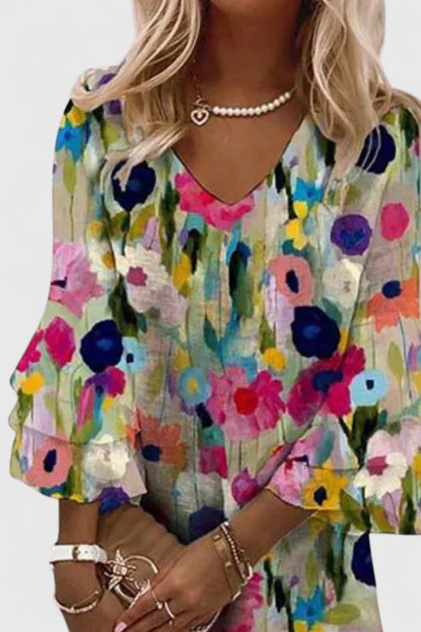 Women’s Floral Mini Dress with V Neckline and Relaxed Silhouette