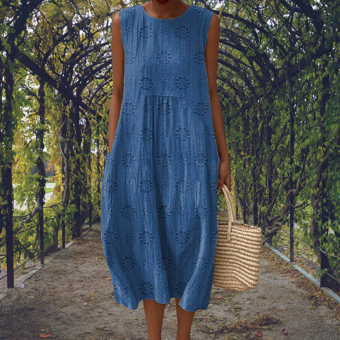 Women’s Sleeveless Summer Midi Dress with Pockets and Embroidered Detail