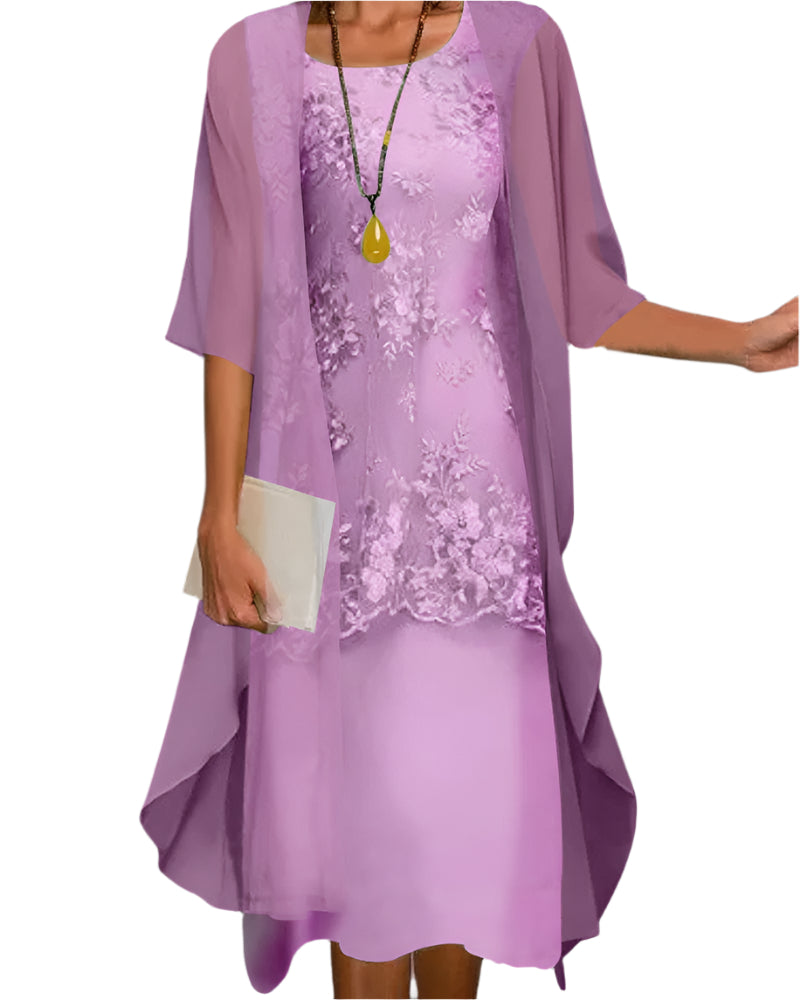 Women’s Wedding Guest Midi Dress with Flowing Sheer Sleeves