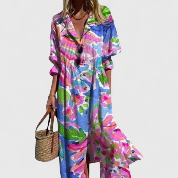 Women’s Boho Midi Dress with Relaxed Fit and Vibrant Print