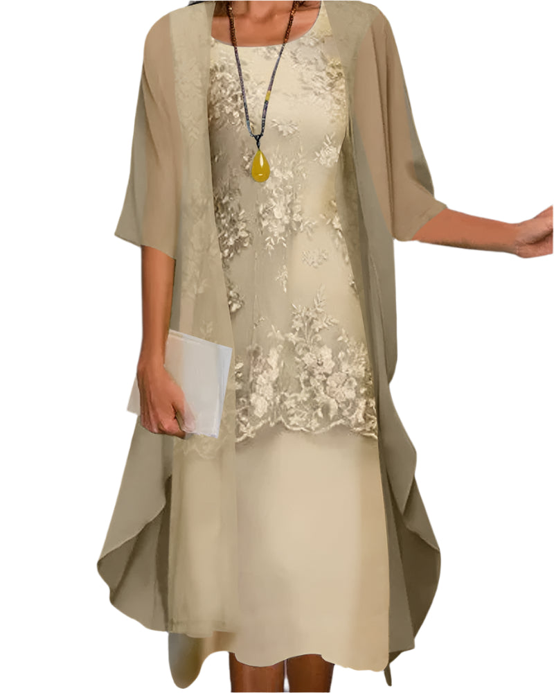 Women’s Wedding Guest Midi Dress with Flowing Sheer Sleeves