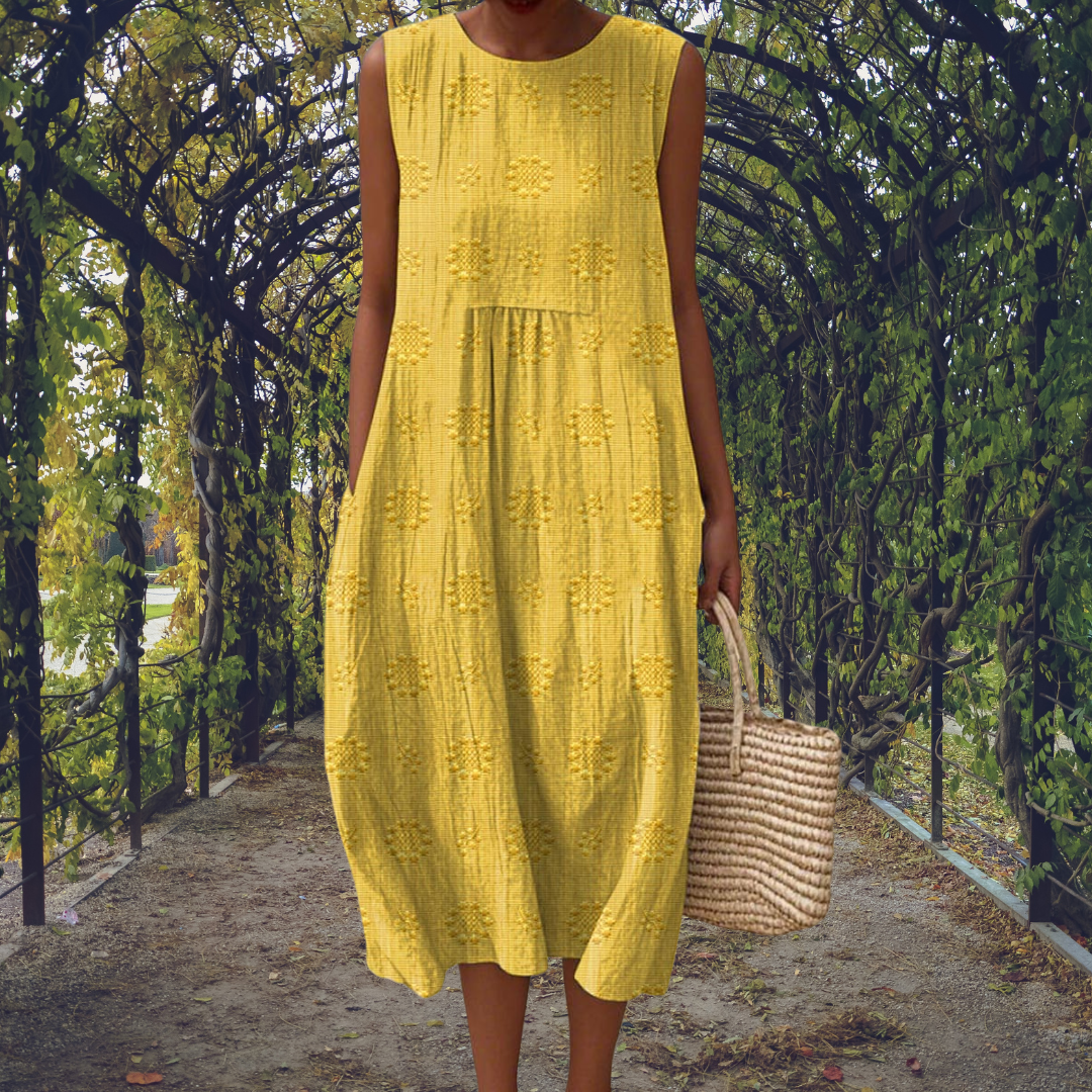Women’s Sleeveless Summer Midi Dress with Pockets and Embroidered Detail