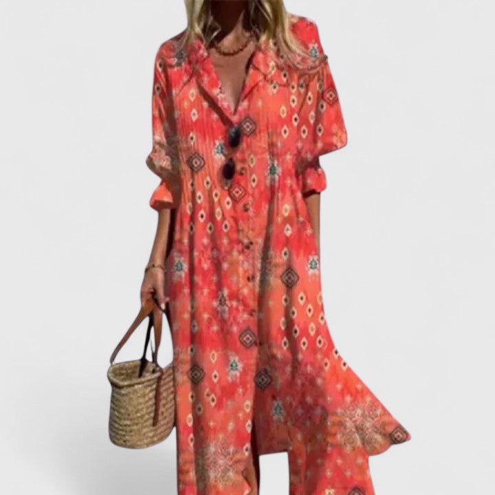 Women’s Boho Midi Dress with Relaxed Fit and Vibrant Print