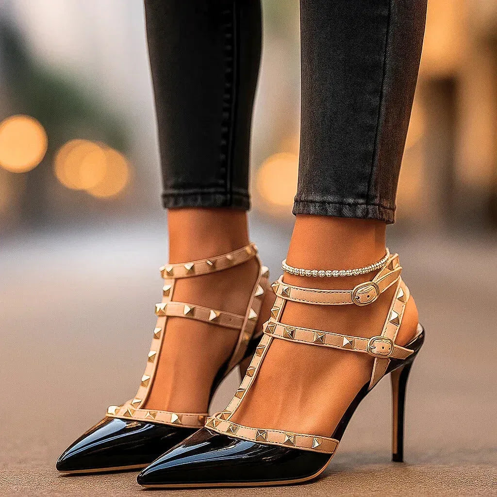 Women’s Studded Pointed Toe Heels with Double Ankle Straps