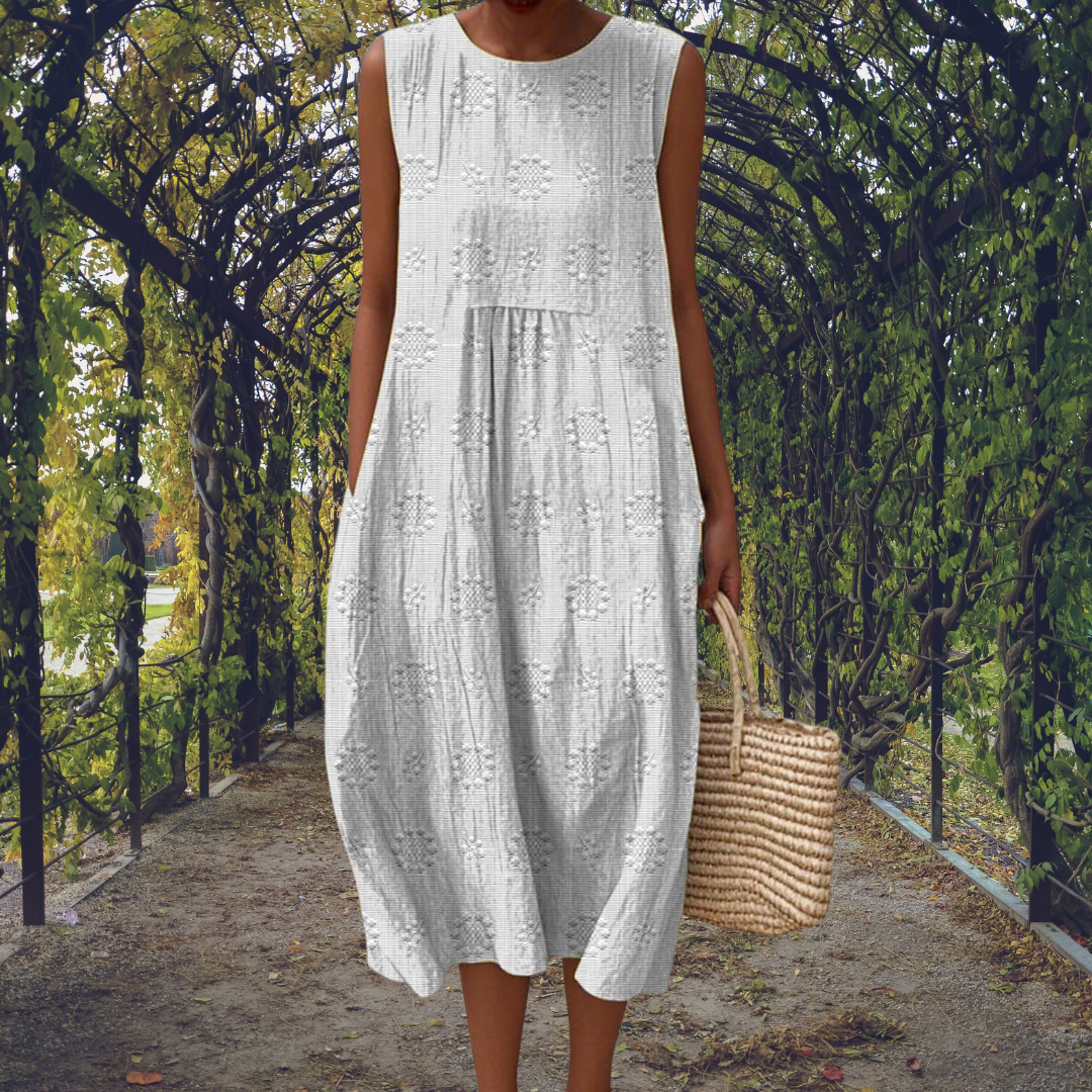 Women’s Sleeveless Summer Midi Dress with Pockets and Embroidered Detail