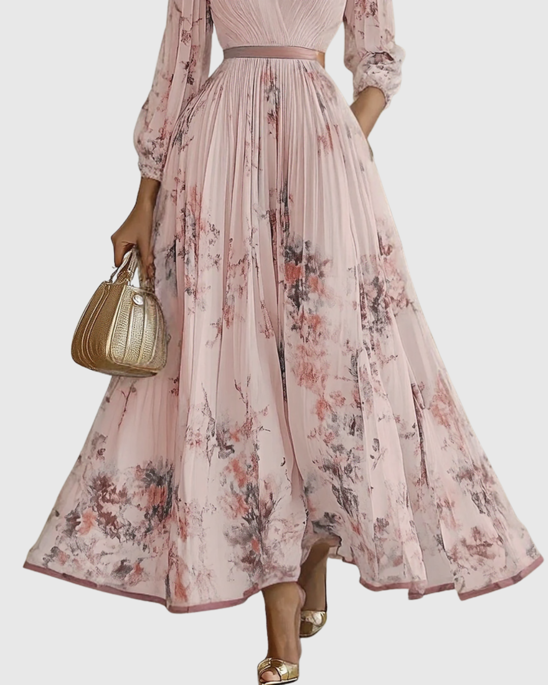 Women’s Pleated Maxi Dress with V-Neck and Tie Waist