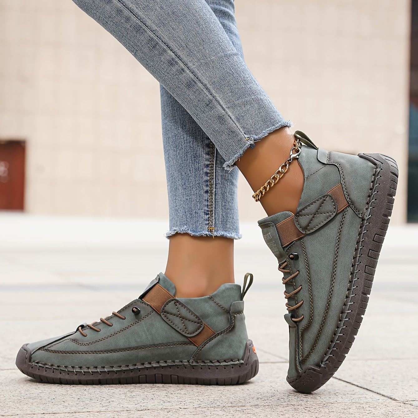 Women’s Lace-Up Ankle Sneakers with Suede and Leather Panels