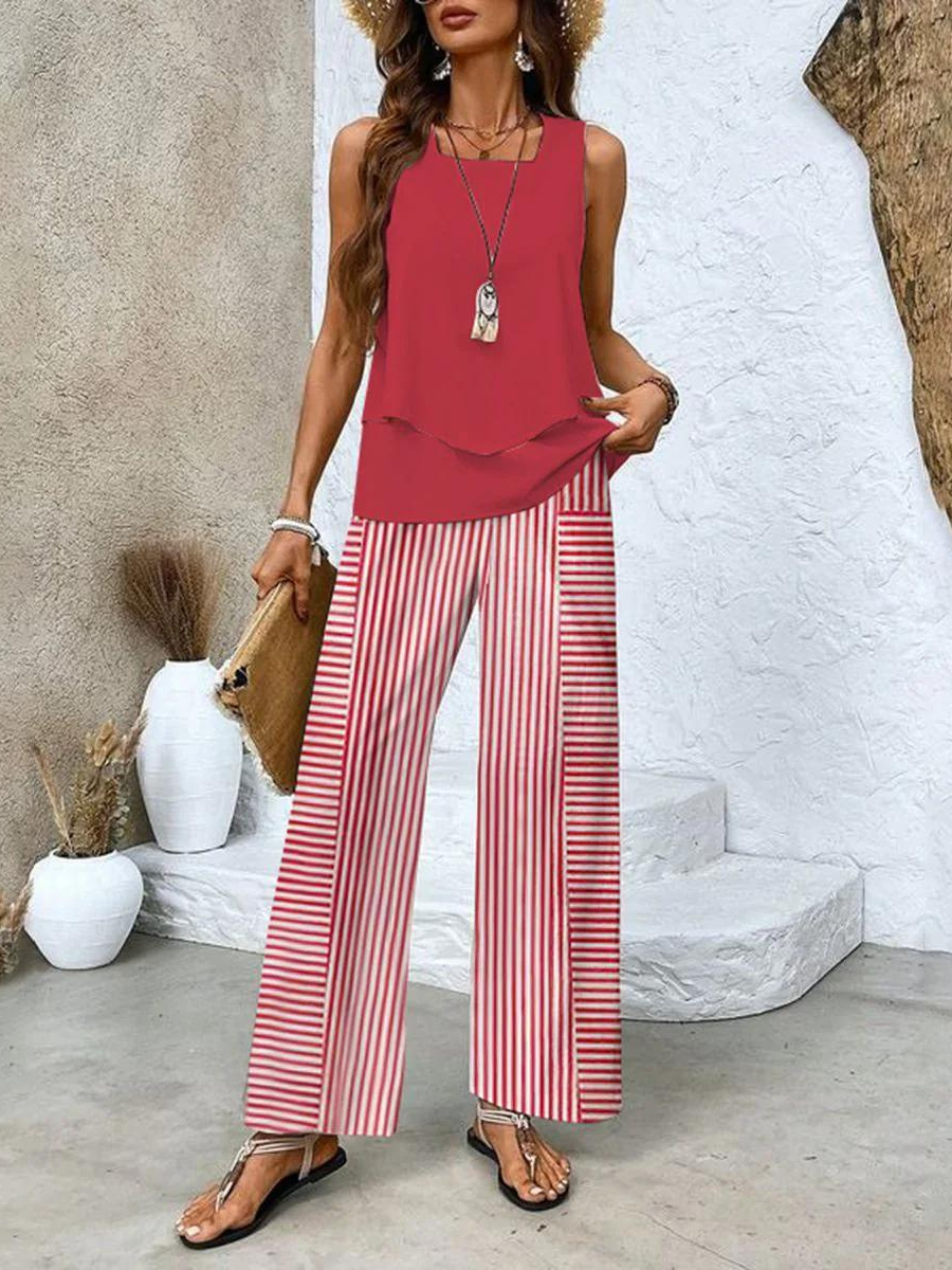 Women’s Chic Two Piece Set with Sleeveless Blouse and Wide Leg Trousers
