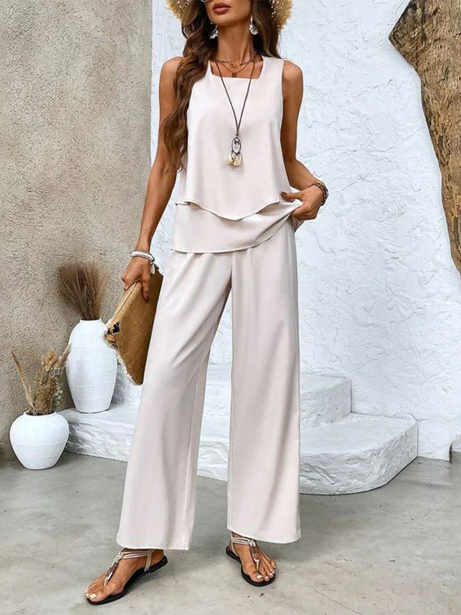 Women’s Chic Two Piece Set with Sleeveless Blouse and Wide Leg Trousers