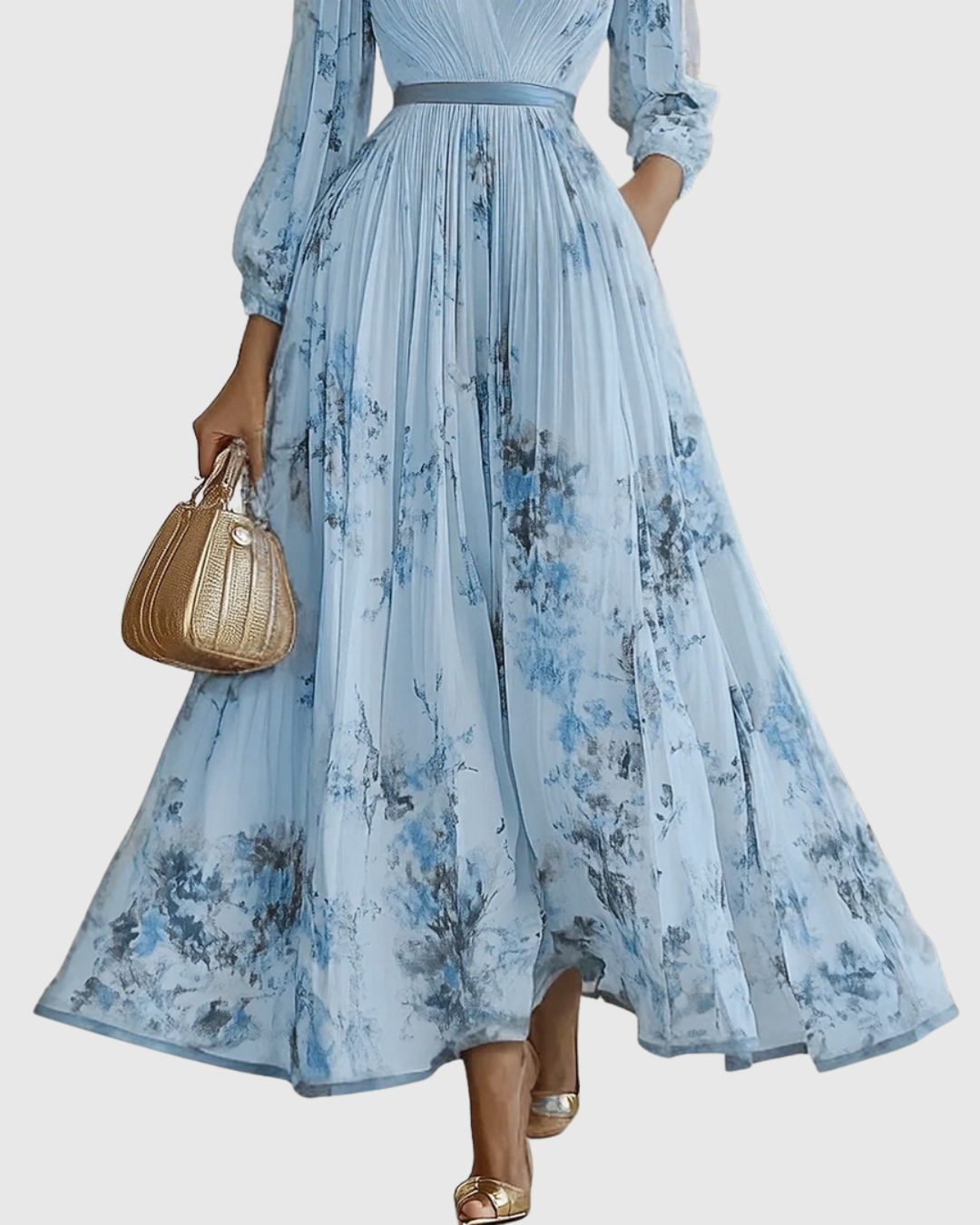 Women’s Pleated Maxi Dress with V-Neck and Tie Waist
