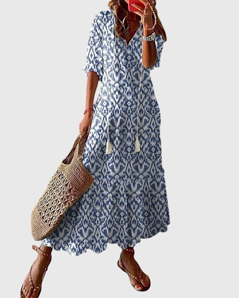 Women’s Boho Summer Maxi Dress with V-Neck and Relaxed Fit
