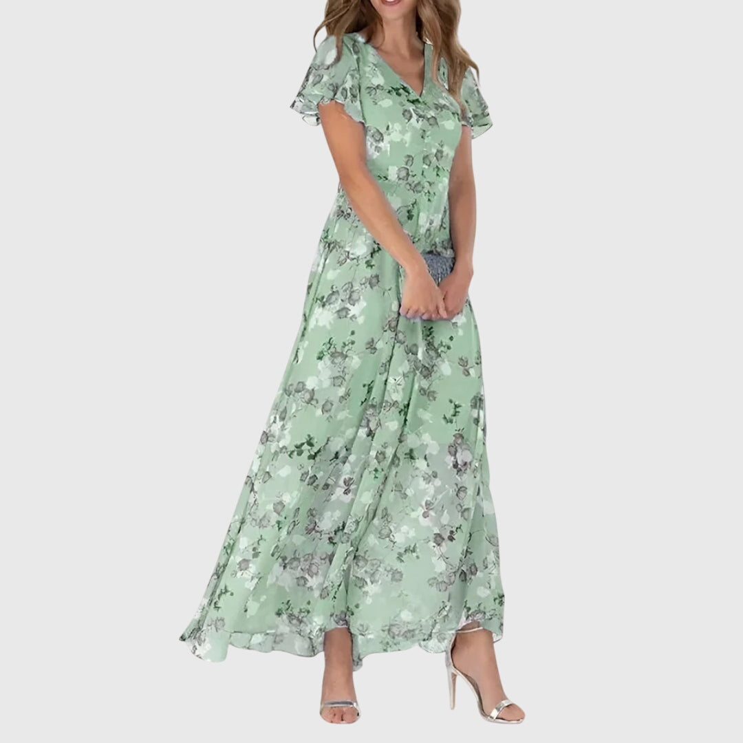 Women’s Floral Maxi Dress with Flutter Sleeves and Flowing Silhouette