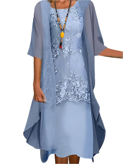Women’s Wedding Guest Midi Dress with Flowing Sheer Sleeves