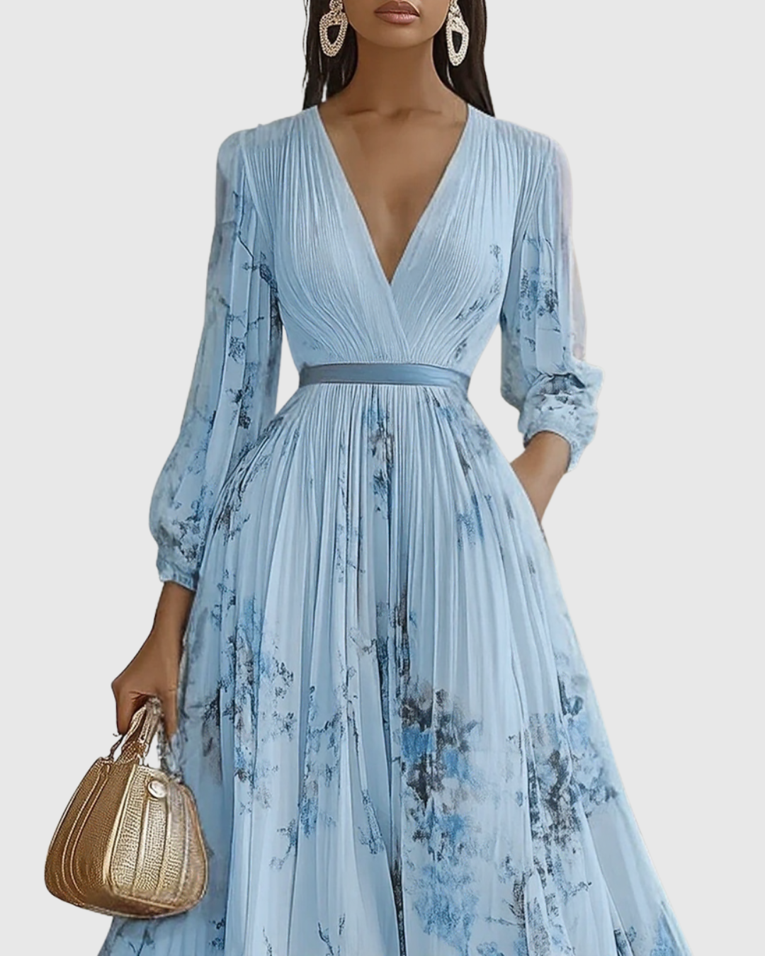 Women’s Pleated Maxi Dress with V-Neck and Tie Waist