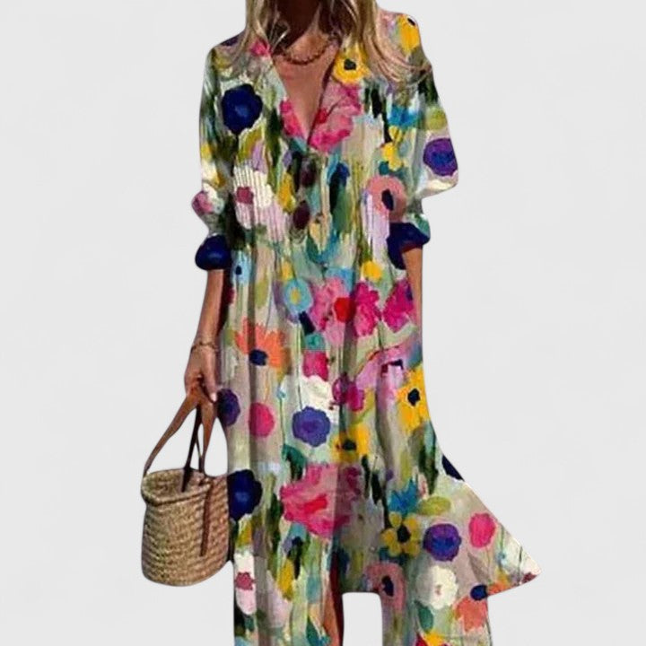 Women’s Boho Midi Dress with Relaxed Fit and Vibrant Print