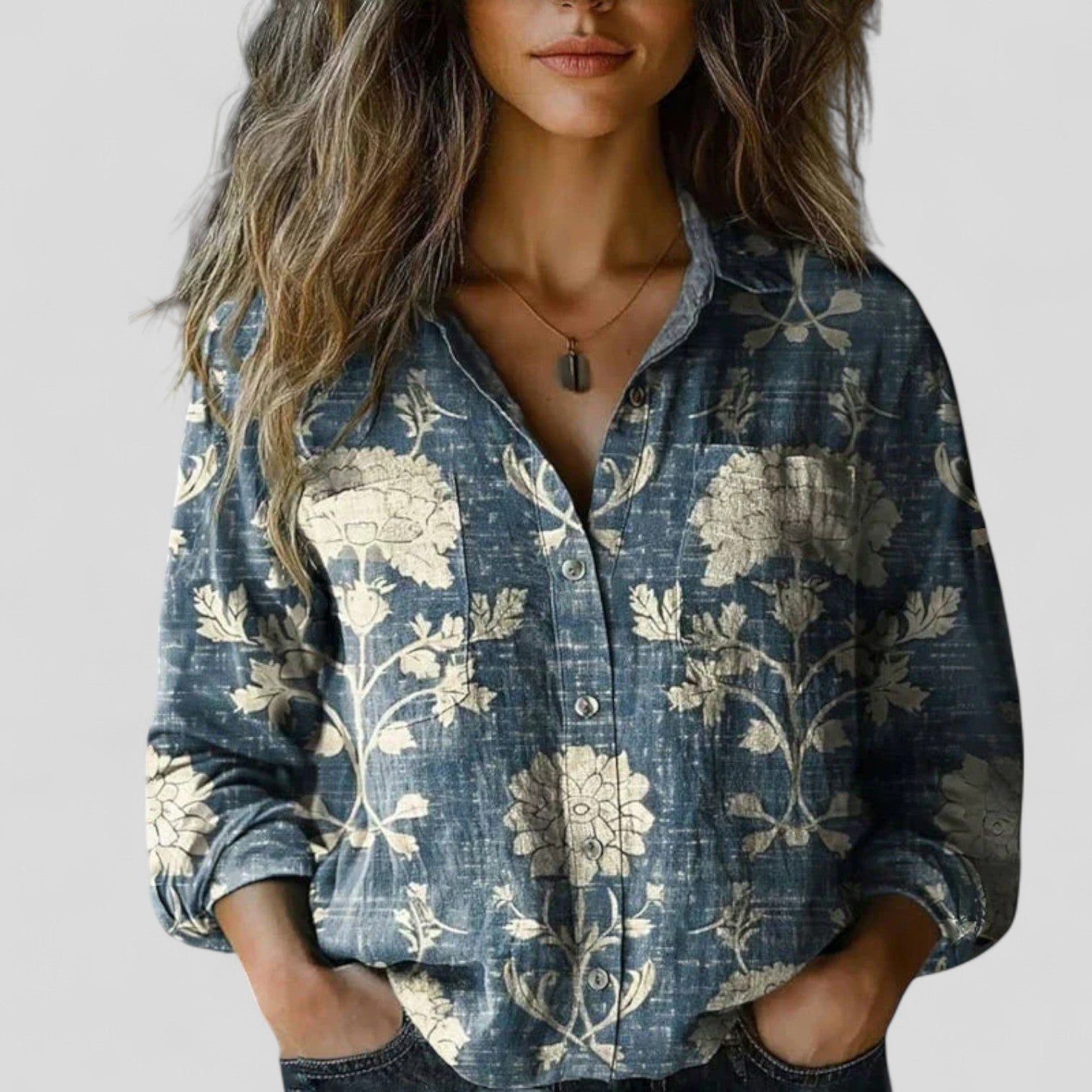 Women’s Floral Button-Down Shirt with Three-Quarter Sleeves