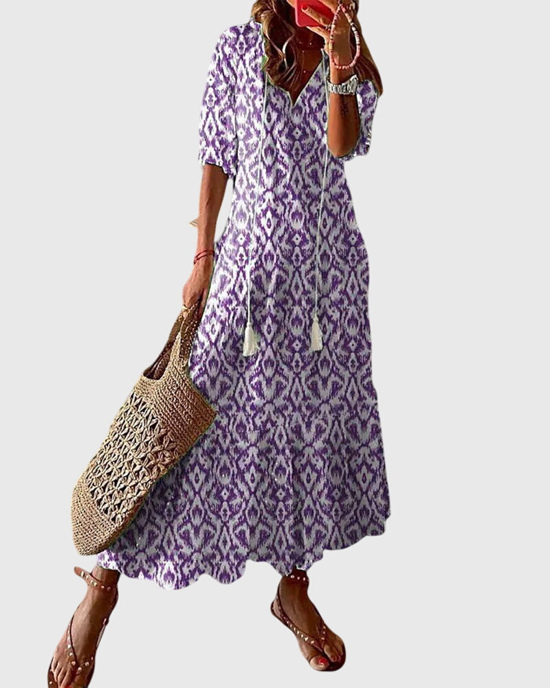 Women’s Boho Summer Maxi Dress with V-Neck and Relaxed Fit