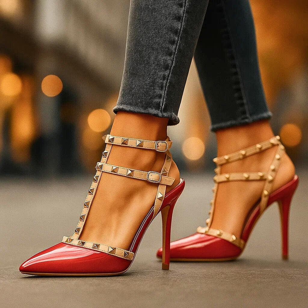 Women’s Studded Pointed Toe Heels with Double Ankle Straps