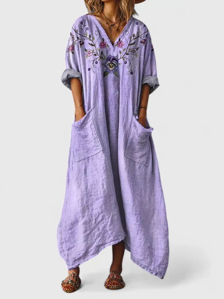 Women’s Elegant Summer Maxi Dress with Embroidered Detail and Pockets