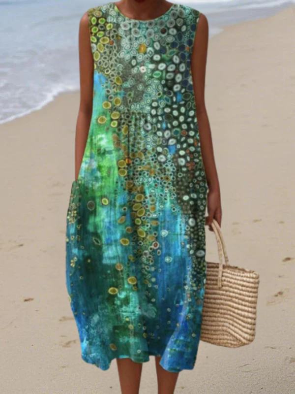 Women’s Reef Print Midi Dress with Relaxed Fit and Sleeveless Design
