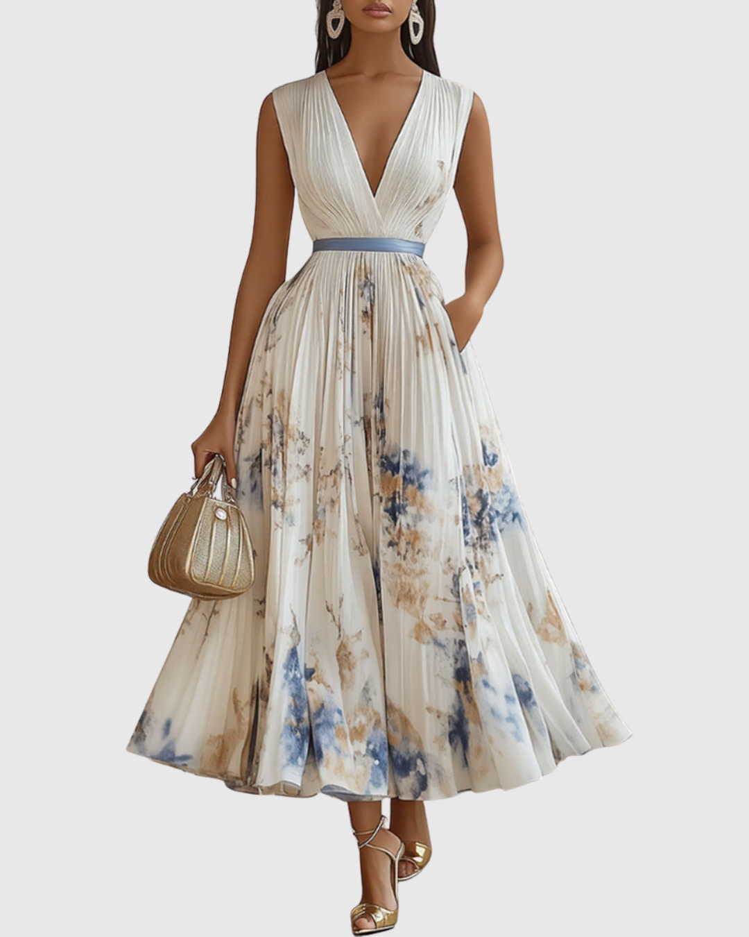 Women’s Pleated Maxi Dress with V-Neck and Tie Waist