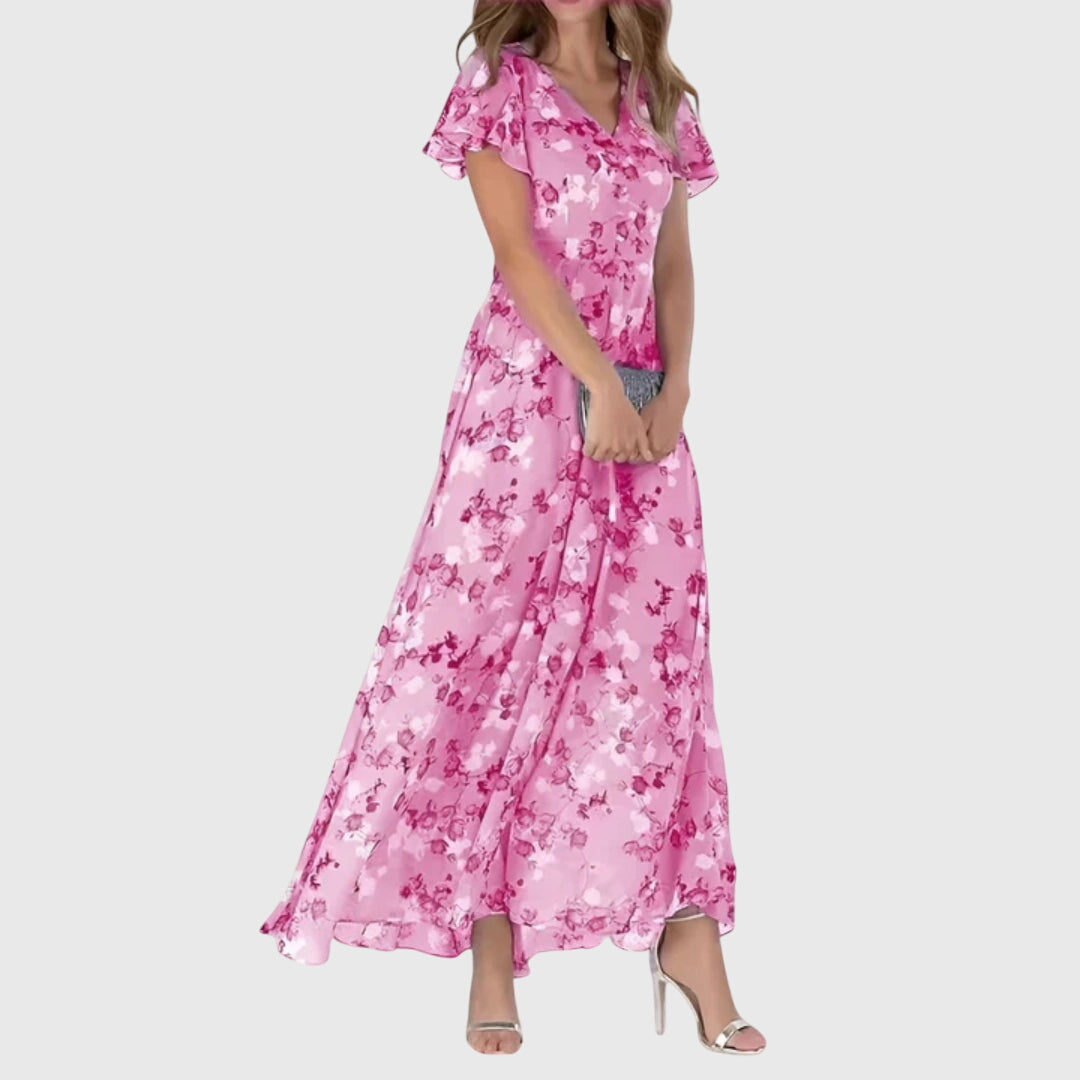 Women’s Floral Maxi Dress with Flutter Sleeves and Flowing Silhouette