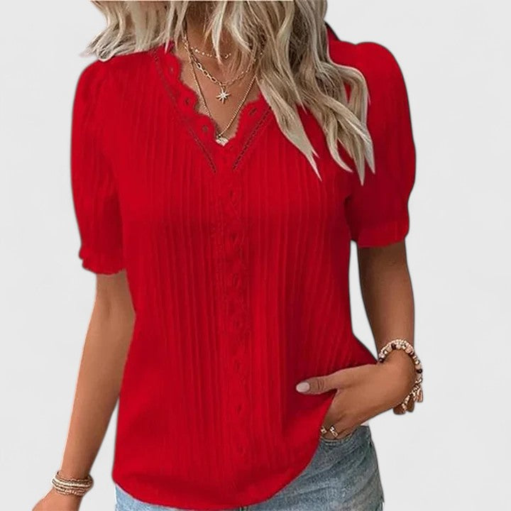 Women’s V-Neck Short Sleeve Blouse with Textured Front Detail