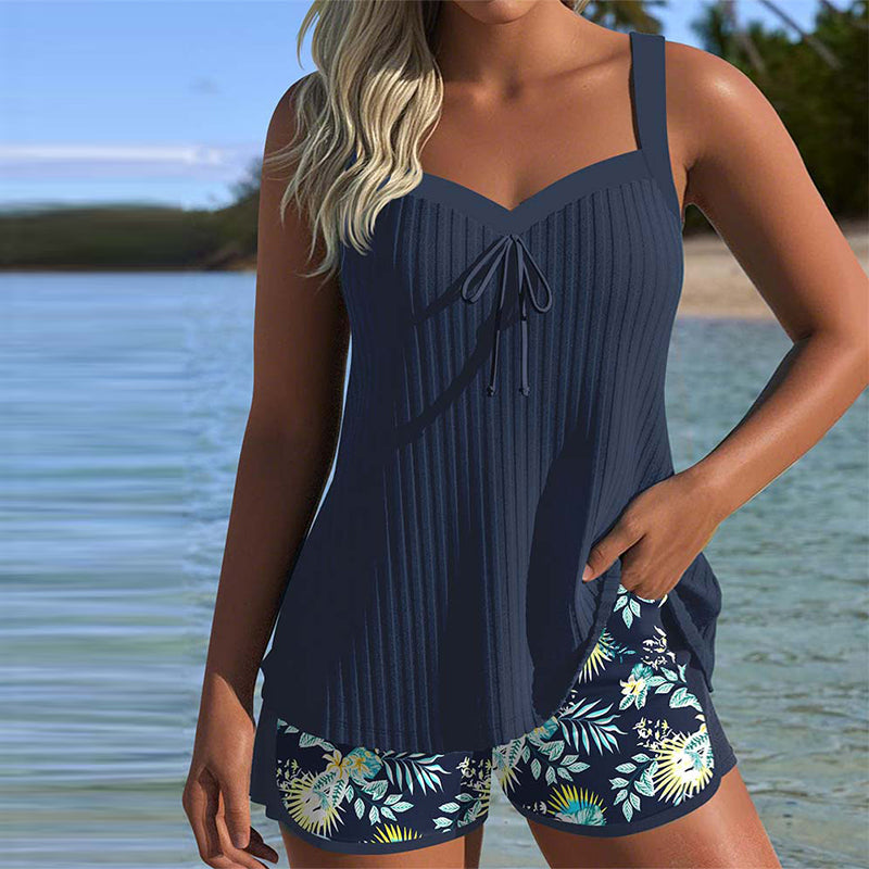 Women’s Striped Tankini Set with Tummy Control and Beach Shorts