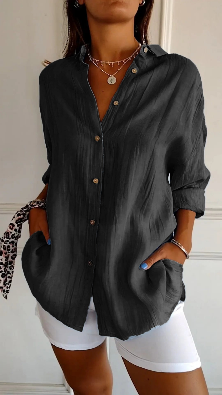 Women’s Oversized Linen Button-Down Shirt with Long Sleeves