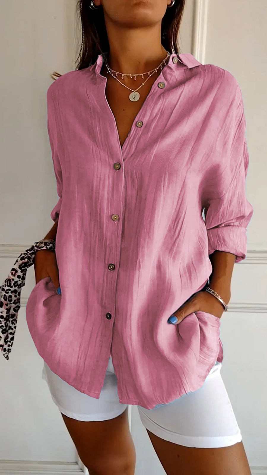 Women’s Oversized Linen Button-Down Shirt with Long Sleeves