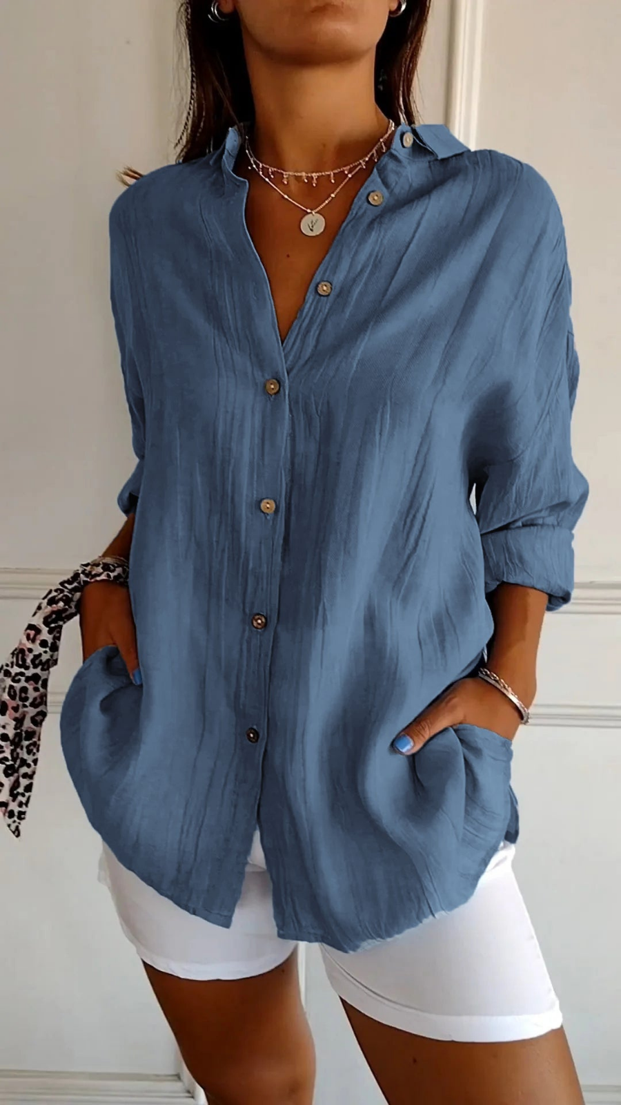 Women’s Oversized Linen Button-Down Shirt with Long Sleeves